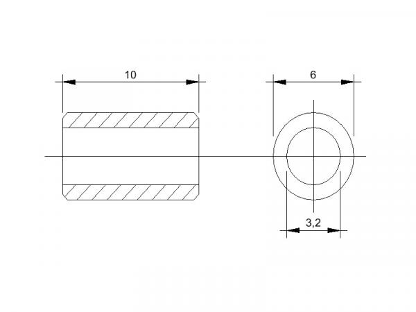 Maßblatt Abstandsrollen aus Messing für M3-Schrauben 10mm